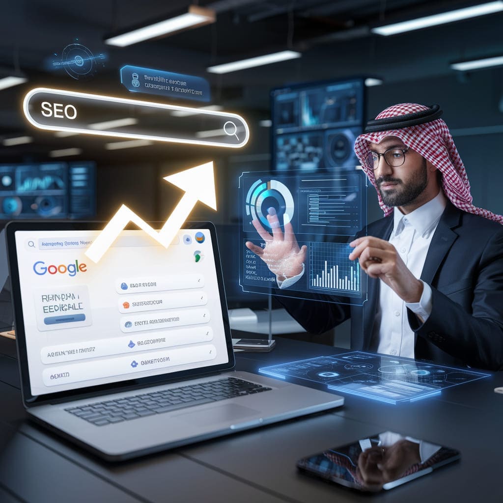 خبير SEO سعودي يستخدم تقنيات الذكاء الاصطناعي لتحليل البيانات وتحسين تصنيف المواقع في جوجل، مع سهم تصاعدي يرمز للنمو الرقمي.
