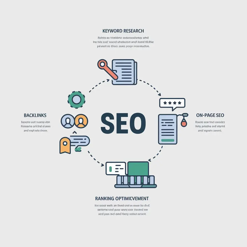 مخطط يوضح عناصر تحسين SEO: الكلمات المفتاحية، الروابط، تحسين الصفحة، والتصنيف