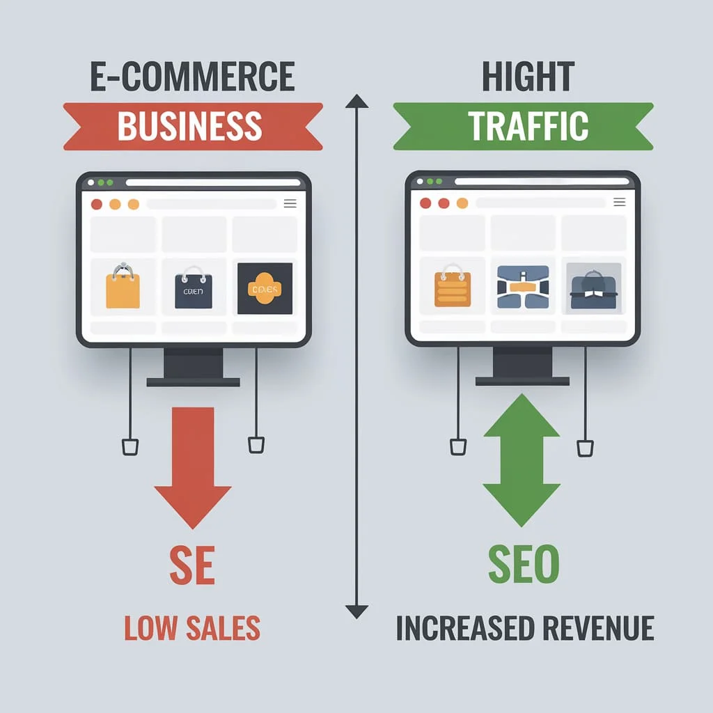 مقارنة بين متجر إلكتروني بدون تحسين SEO يعاني من مبيعات منخفضة، ومتجر يستخدم SEO يجذب حركة مرور عالية ويحقق إيرادات أكبر.
